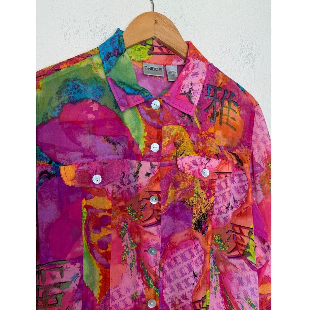 Chico's Women Medium 100% Silk Shirt Sheer Pink Multicolor Art To Wear Top - Picture 13 of 15
